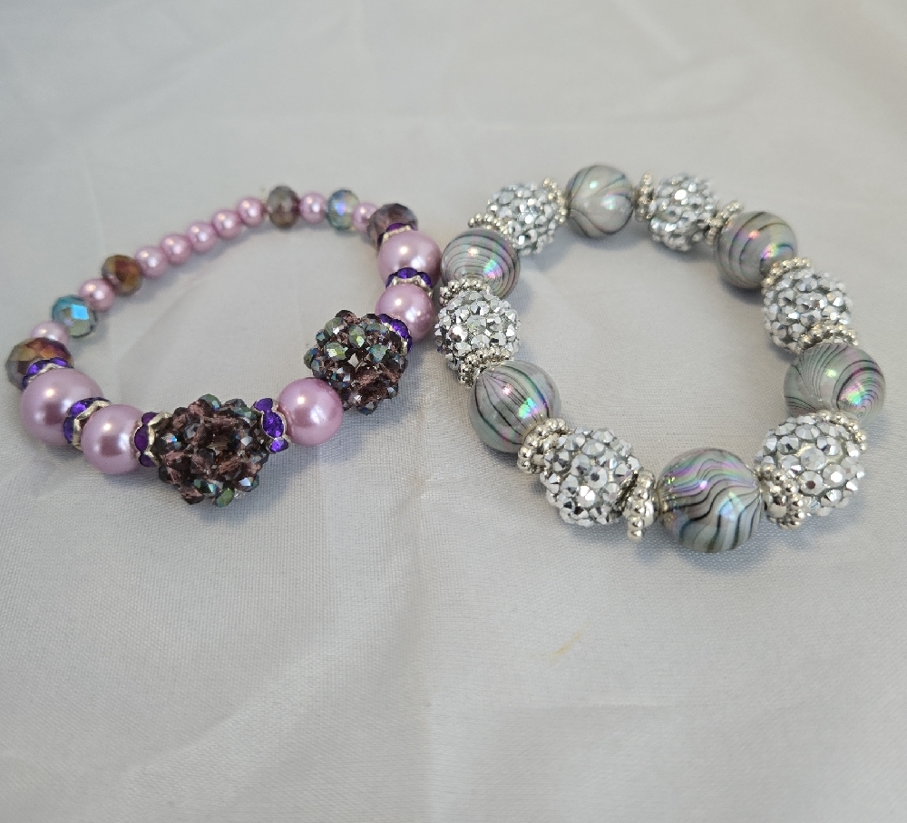 Handmade Stretch Beaded Bracelet Set Pink Purple & Silver Gray Sparkle - Picture 6 of 9